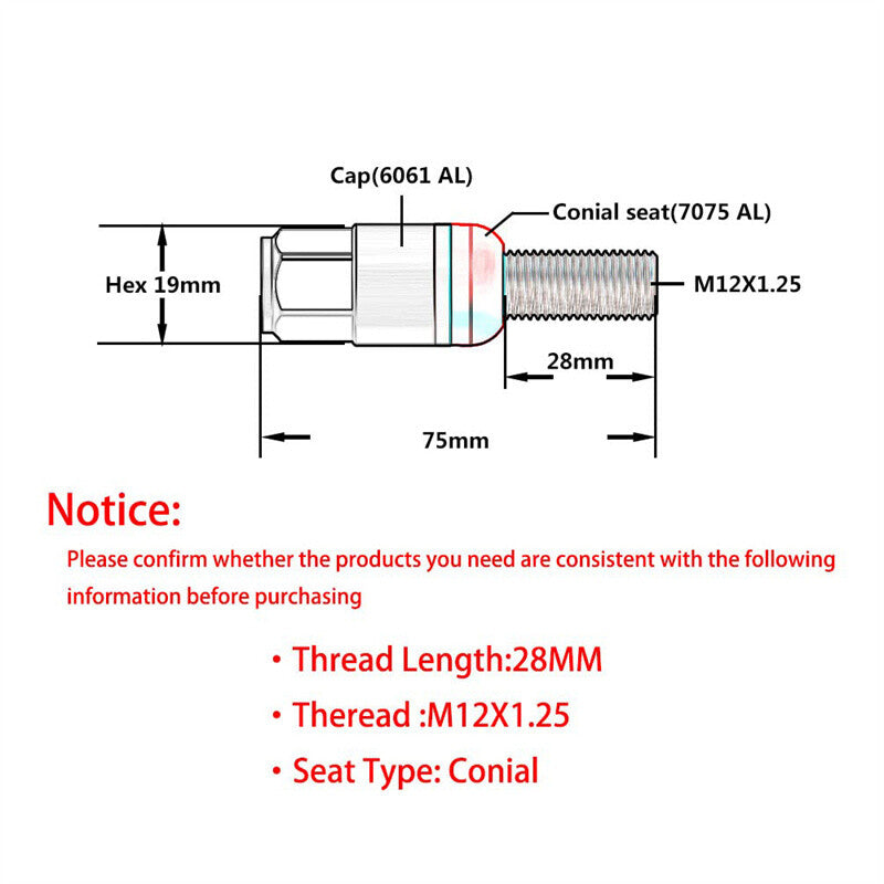 20PCS M12x1.25 Gold Wheel Lug Bolt 28mm Shank Cone for Seat Stud for Jeep for Chrysler