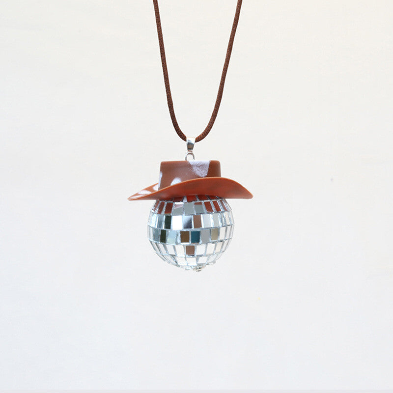 Cowboy Hat Disco Ball Car Ornamen Rearview Mirror Hang Acessory Rope Cow Brown