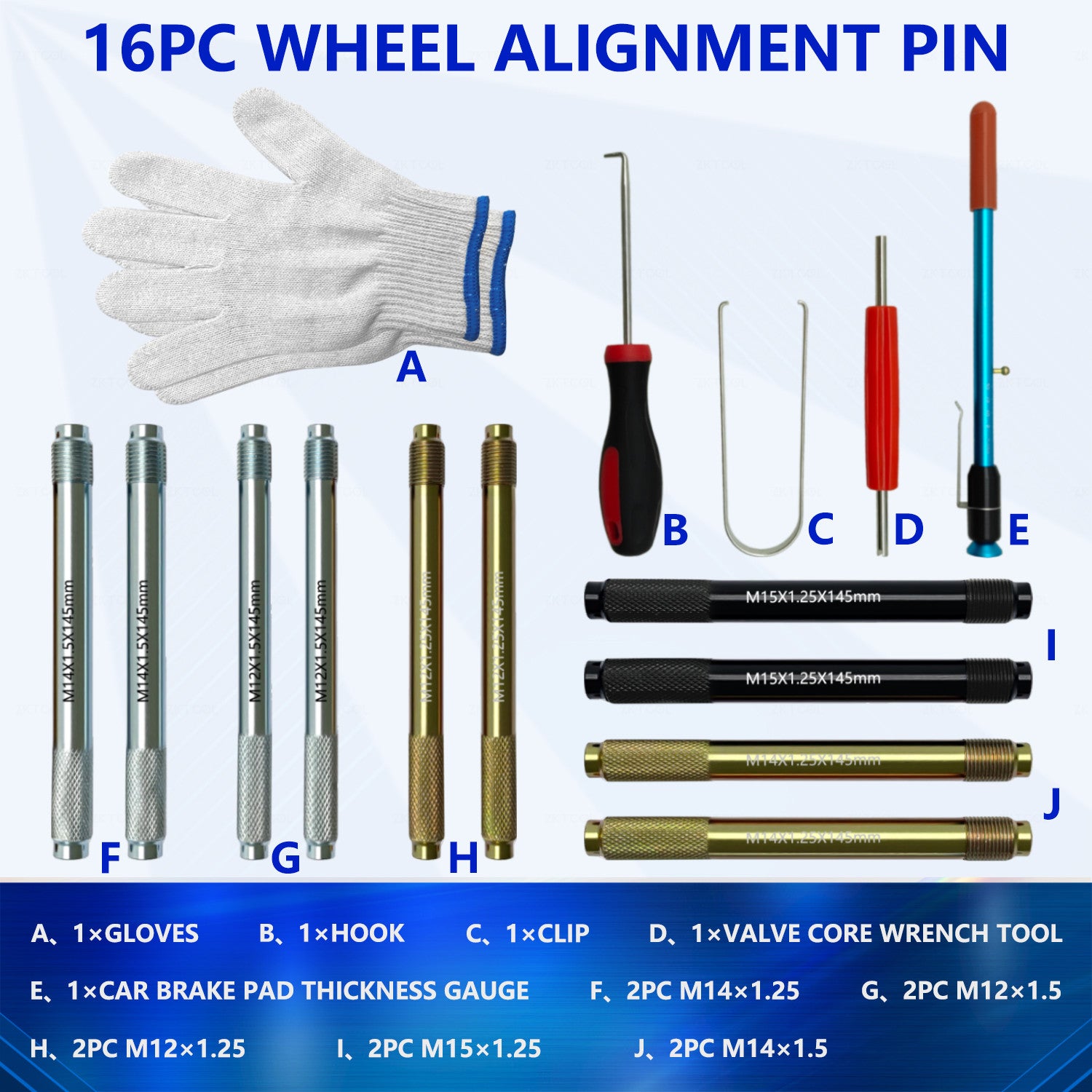 16PC Wheel Stud Alignment Pin Steel Alloy Fixing Positioning Pin Guide Tool