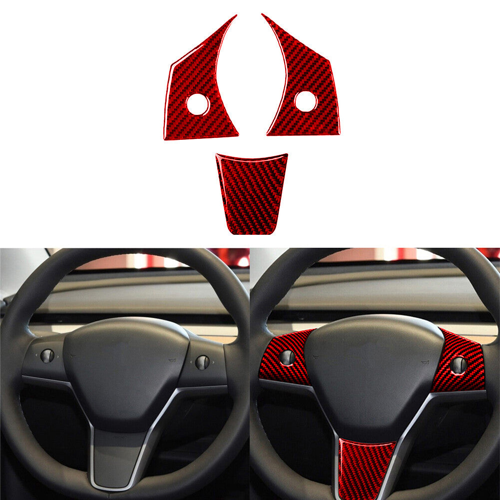 Red Carbon Fiber Interior Steering Wheel Cover Trim for Tesla for Model Y /3 2017-22