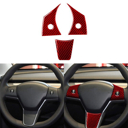 Red Carbon Fiber Interior Steering Wheel Cover Trim for Tesla for Model Y /3 2017-22