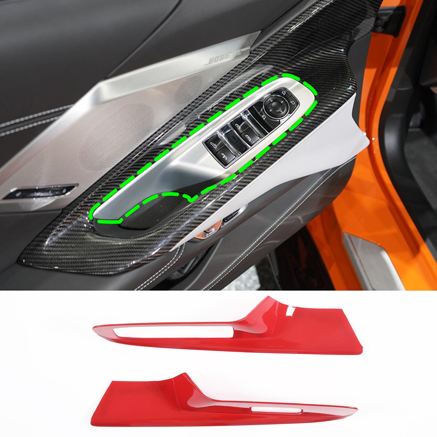 ABS carbon fiber window lift button cover trim for Corvette C8 adjustable 20-24-inch windows.