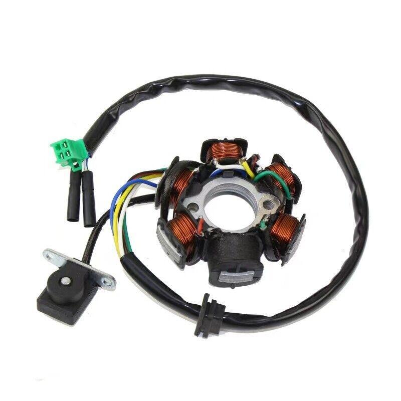 DC ignition stator coil generator with 8 rods suitable for GY6 150cc and 125cc scooters/all-terrain vehicles.
