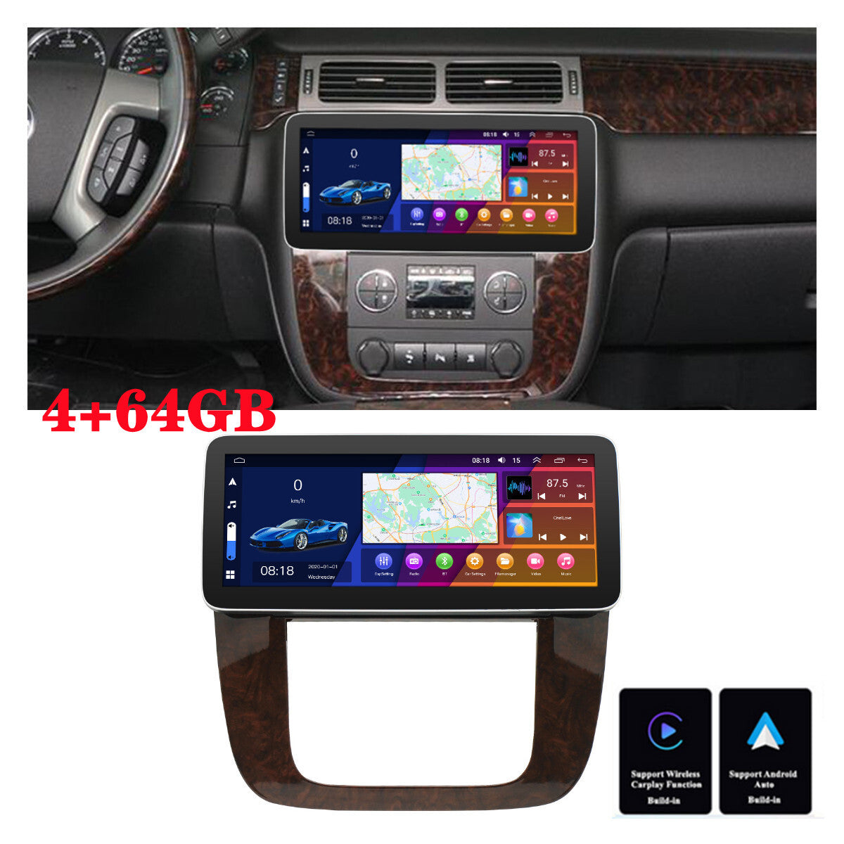 12.3 4+64GB Stereo Radio WIFI FM For 07-13 Chevy Tahoe for GMC Yukon for Sierra Carplay