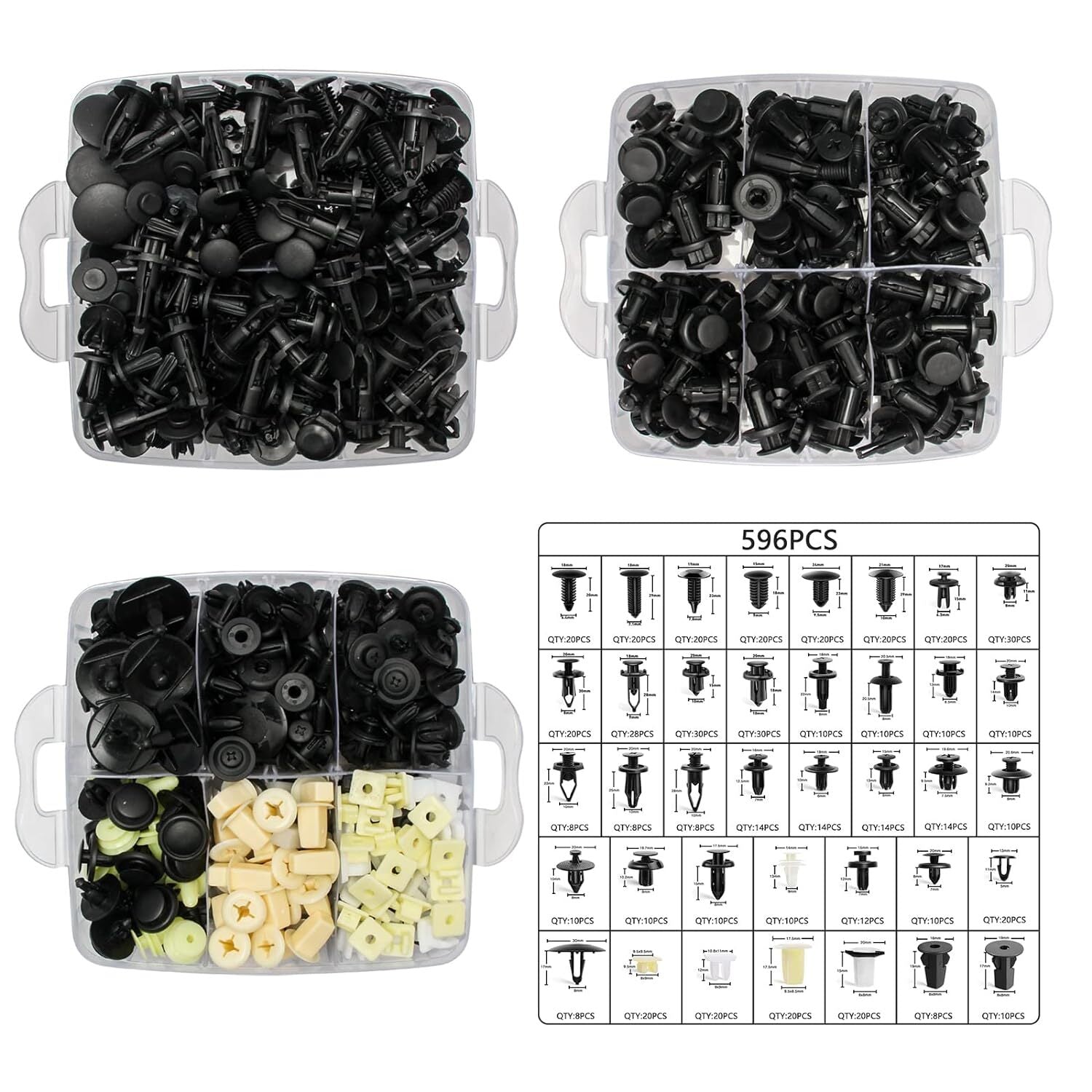 597-piece mudguard, door cover, bumper, car trim clip, body fixation kit for Ford , GM, and for Toyota .