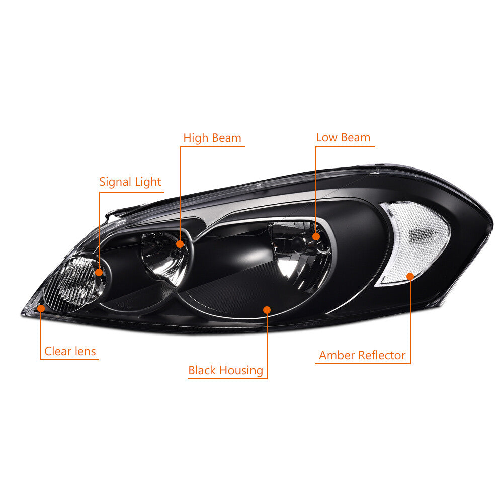 Suitable for 06-13 for Chevrolet Impala / 06-07 Monte Carlo transparent corner black headlights