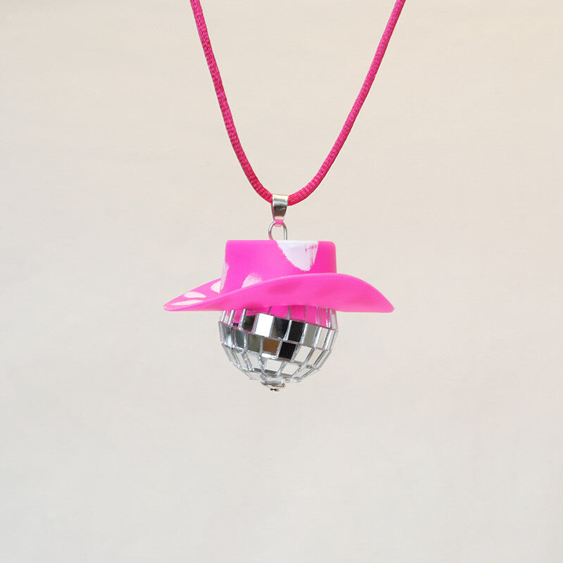 Cowboy Hat Disco Ball Car Ornamen Rearview Mirror Hanging Acessory Rope Cow Pink