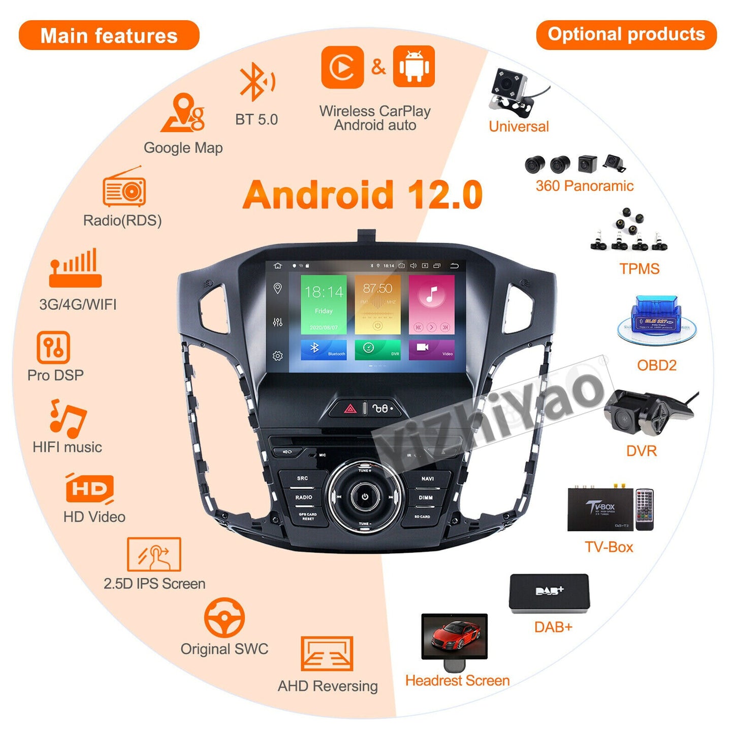 Android Auto CarPlay for Ford Focus 2012-2018 Car Stereo Radio GPS Player Screen