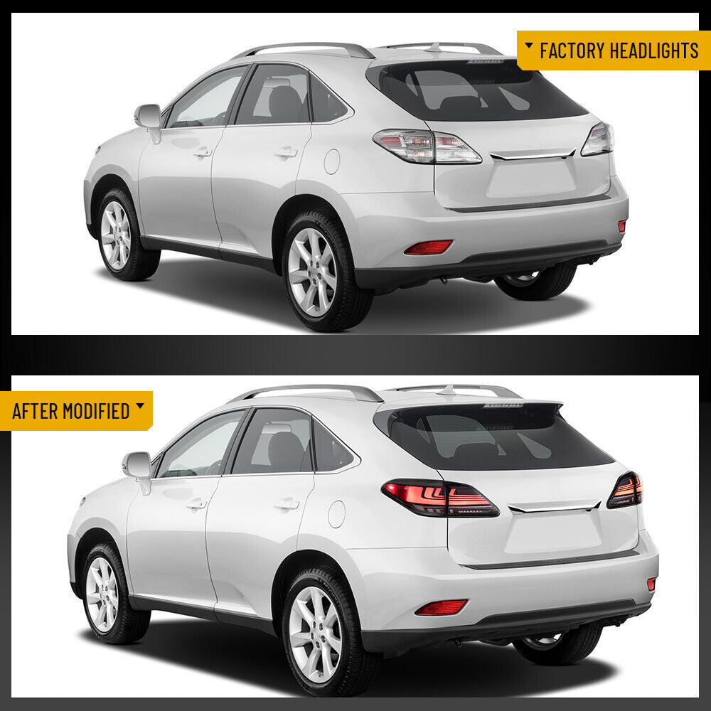 A pair of LED taillights for Lexus RX350 RX450H 2010-2015 with start-up animation.