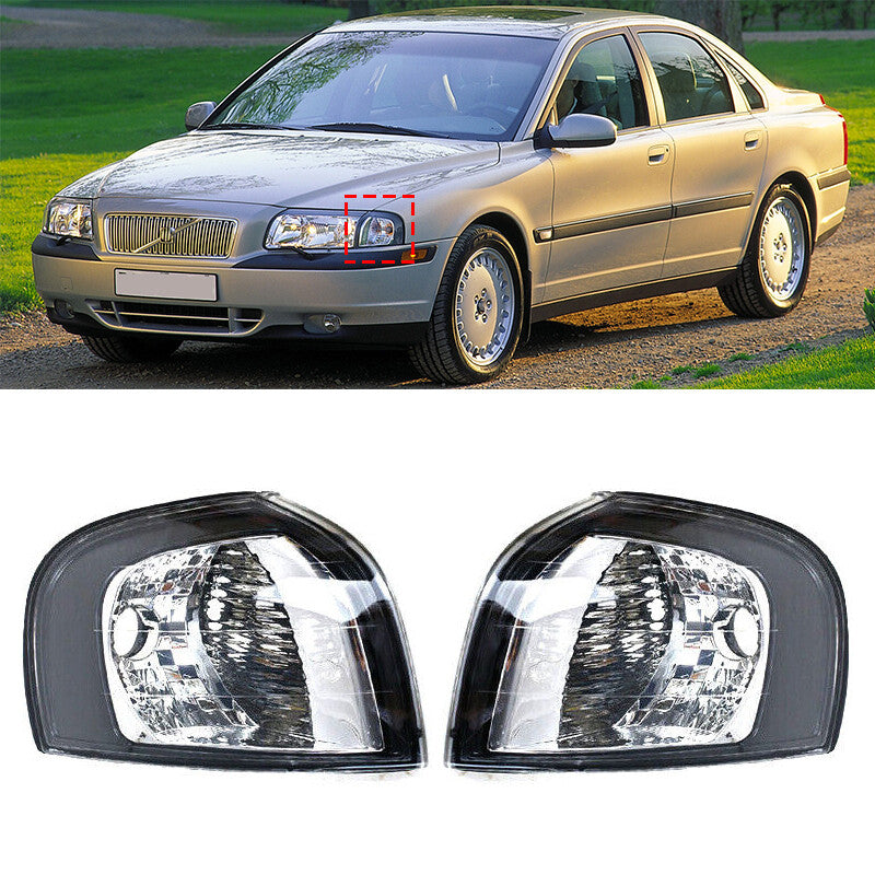 A pair of left and right front bumper corner lights without bulbs for Volvo S80 1999-2000-2006.