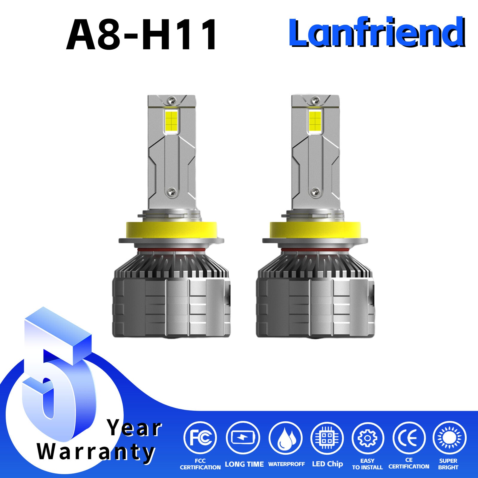 H11 Headlight Bulbs Kit, 2-Pack, 6000K Super Bright 8400LM with 12 Chips