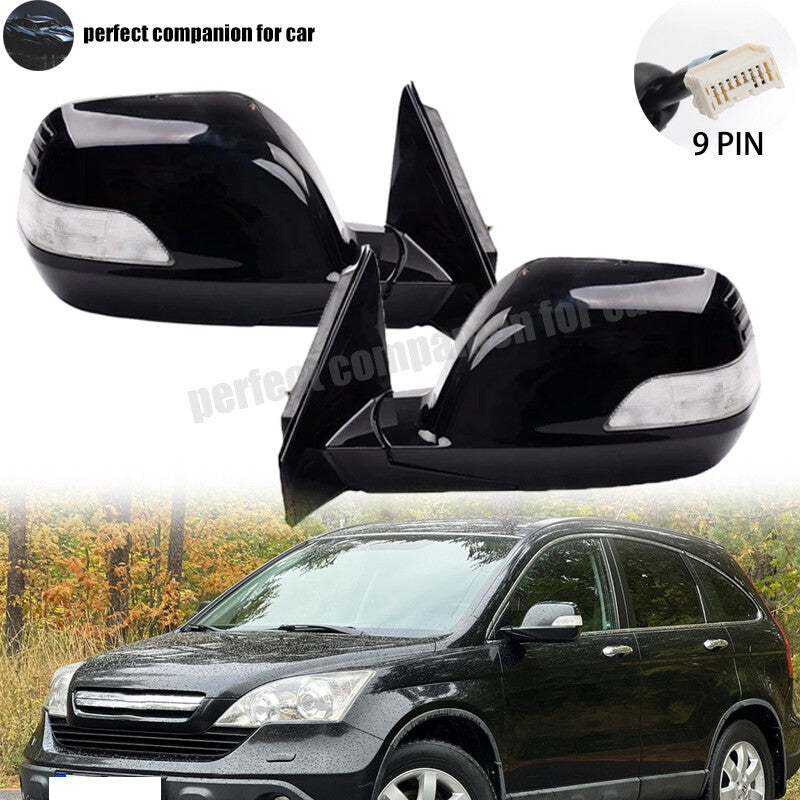 LH&RH Black Door Side Mirror with Heated Signal Lights, 9-Pin Fittings for Honda CRV 2007-2011