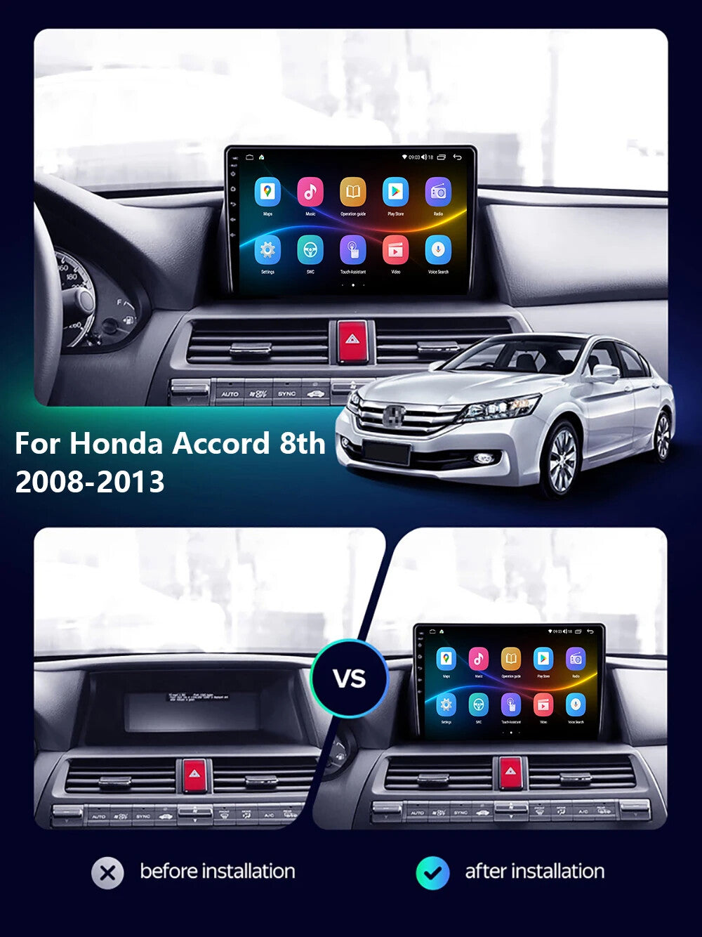 for Honda for Accord 8 2008-2013 Android CarPlay GPS Car Stereo Radio Player Screen