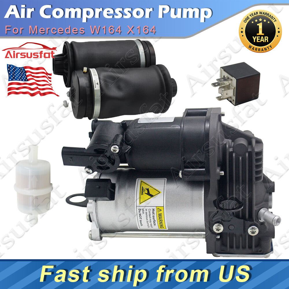 2x Rear Air Spring Bags+Air Compressor+Air Filter+Relay for Mercedes W164 X164