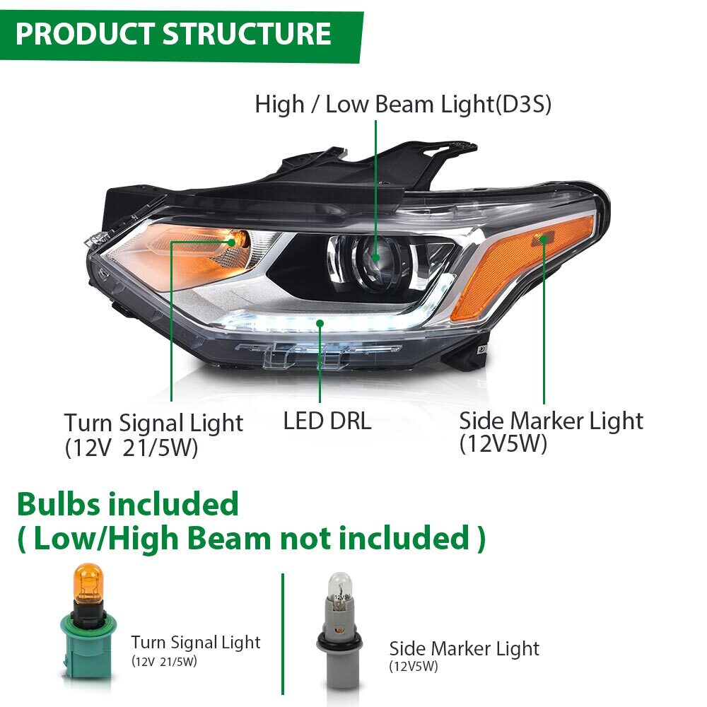 Suitable for 2018-2021 for Chevrolet Traverse chrome HID/xenon headlights with LED DRL on the left side.
