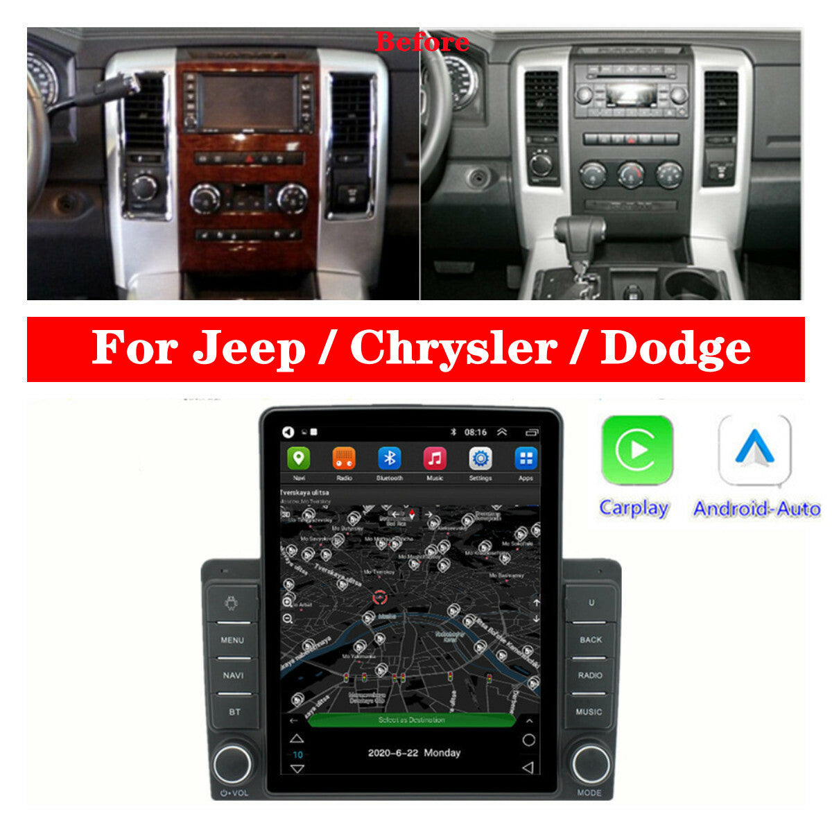 Android 10.1 Radio Stereo GPS Nav Head Unit w/Carplay For 09-11 for Dodge for Ram Pickup