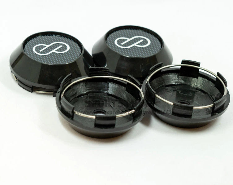 4-piece set of 68mm Enkei wheel caps, rim caps, wheel center caps, badge logos, black carbon-plated.