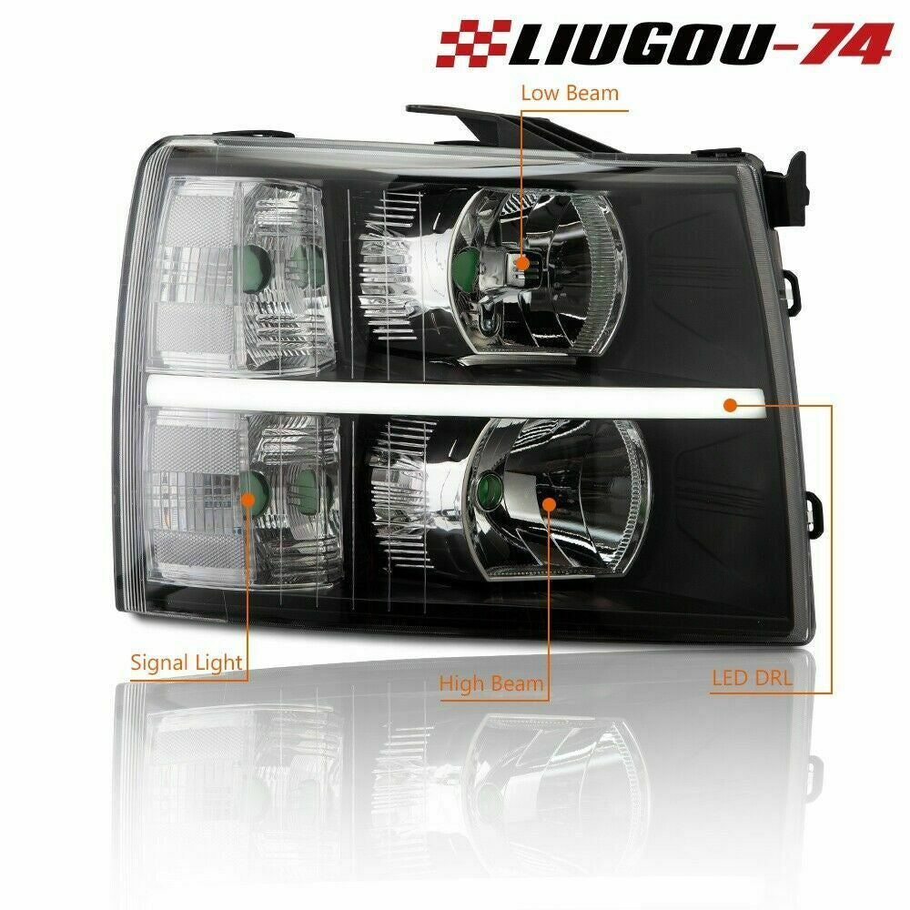 Suitable for Silverado 2007 - 14 Black housing, clear lens, LED DRL strip headlights (USA)