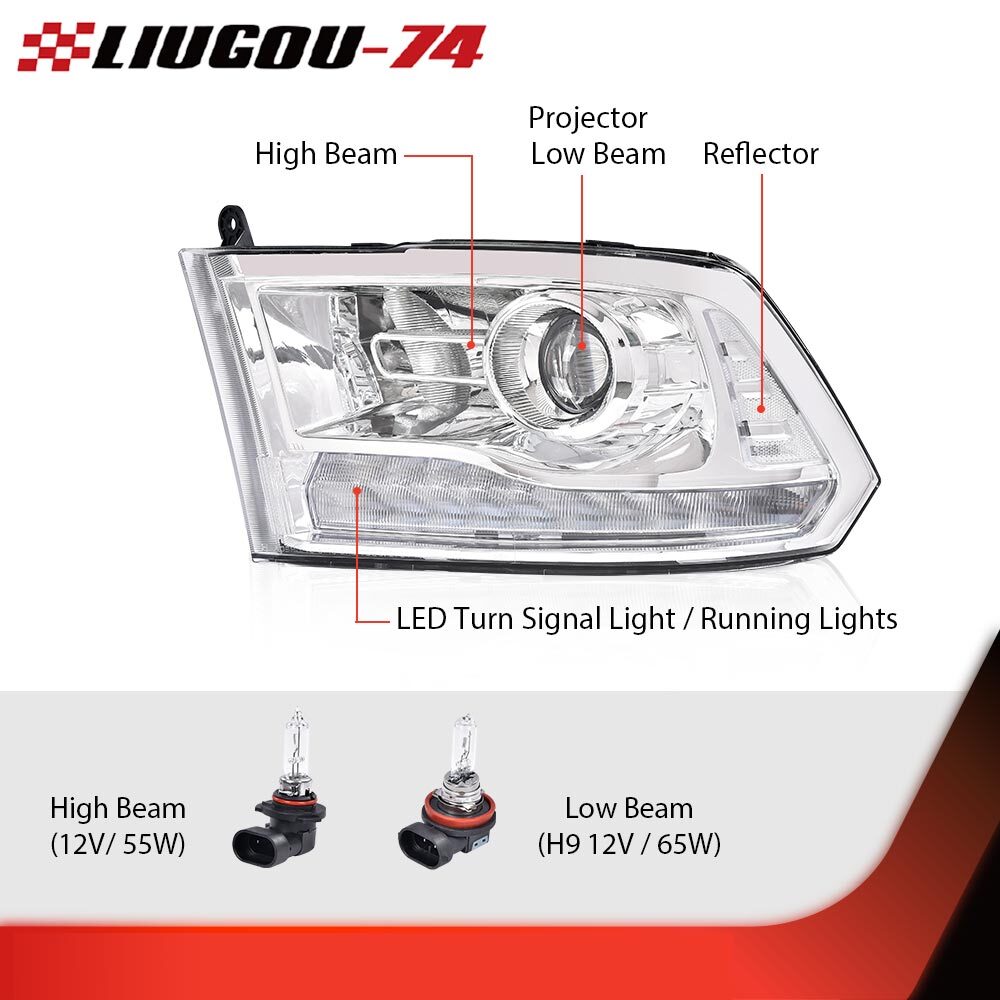 Suitable for 13-18 for Dodge for Ram 1500 2500 3500 chrome headlights with LED strip, DRL LHRH