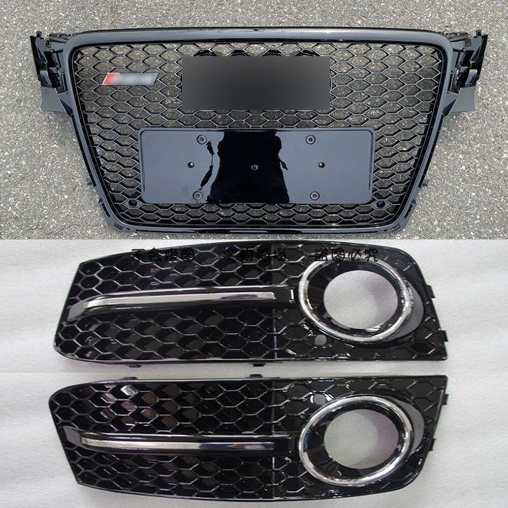 Front Bumper Honeycomb Grille+ Fog Light Frame Lamp Fit for Audi A4 S4 2009-2012