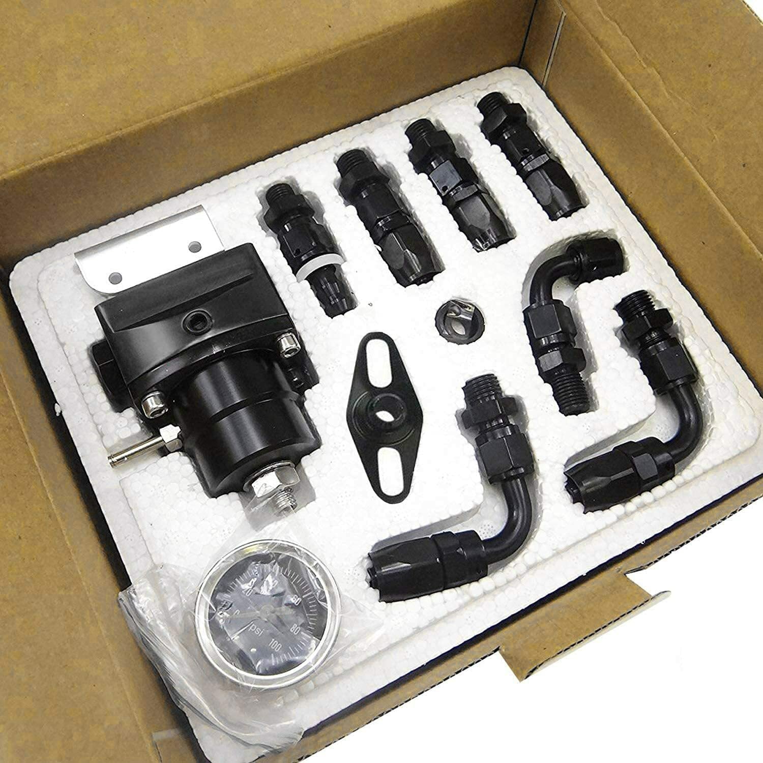 Universal 0-100 Psi Gauge -6AN Black Adjustable Fuel Pressure Regulator Kit