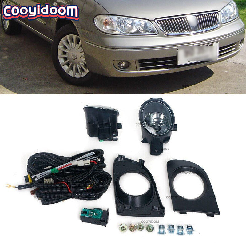 The front bumper fog light kit includes halogen lights suitable for Nissan Sentra Sunny 2004-2008 models.