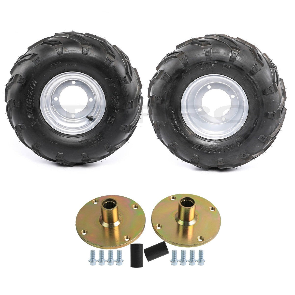 2-pack of 16x8-7 tires with 4 studs and 16/8-7 rims (16x8x7 + 110mm 23T wheels) for go-karts and all-terrain vehicles.