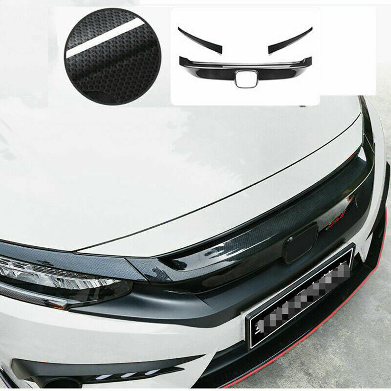 3for Honda for Civic 2016-2021 Carbon Fiber Front Grille Cover+Headlight Brow Trims