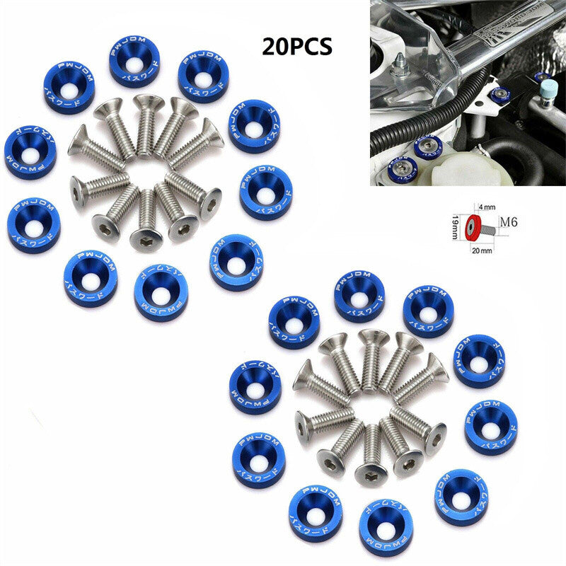 20pcs Blue Aluminum JDM Fender Bumper Washer M6 Bolt Engine Bay Dress Up Kit