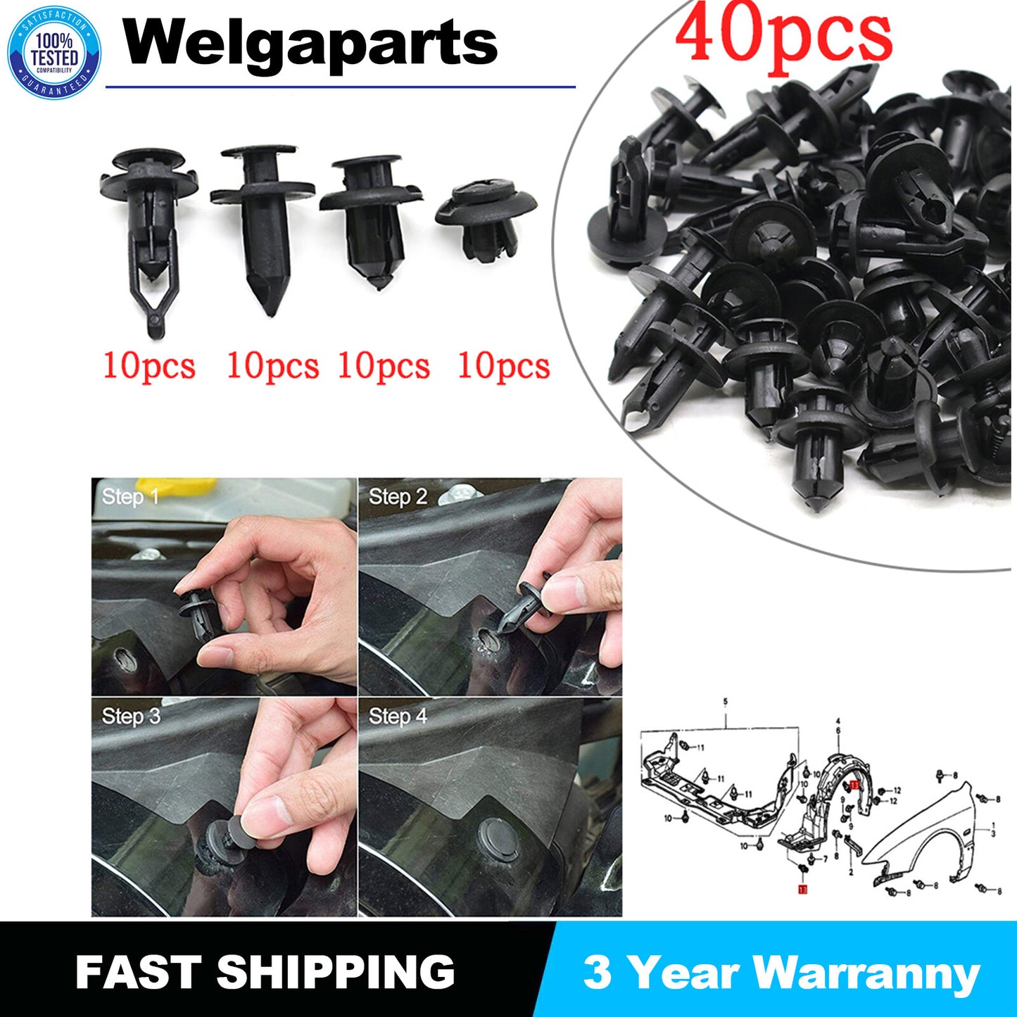 40X Car Push Rivet Fastener Retainer Pin Body Bumper Trim Moulding Clips Plastic