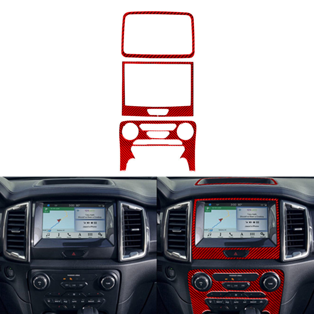 3Pcs Red Carbon Fiber Center Console Panel Cover Trim for Ford Ranger 2019-2022