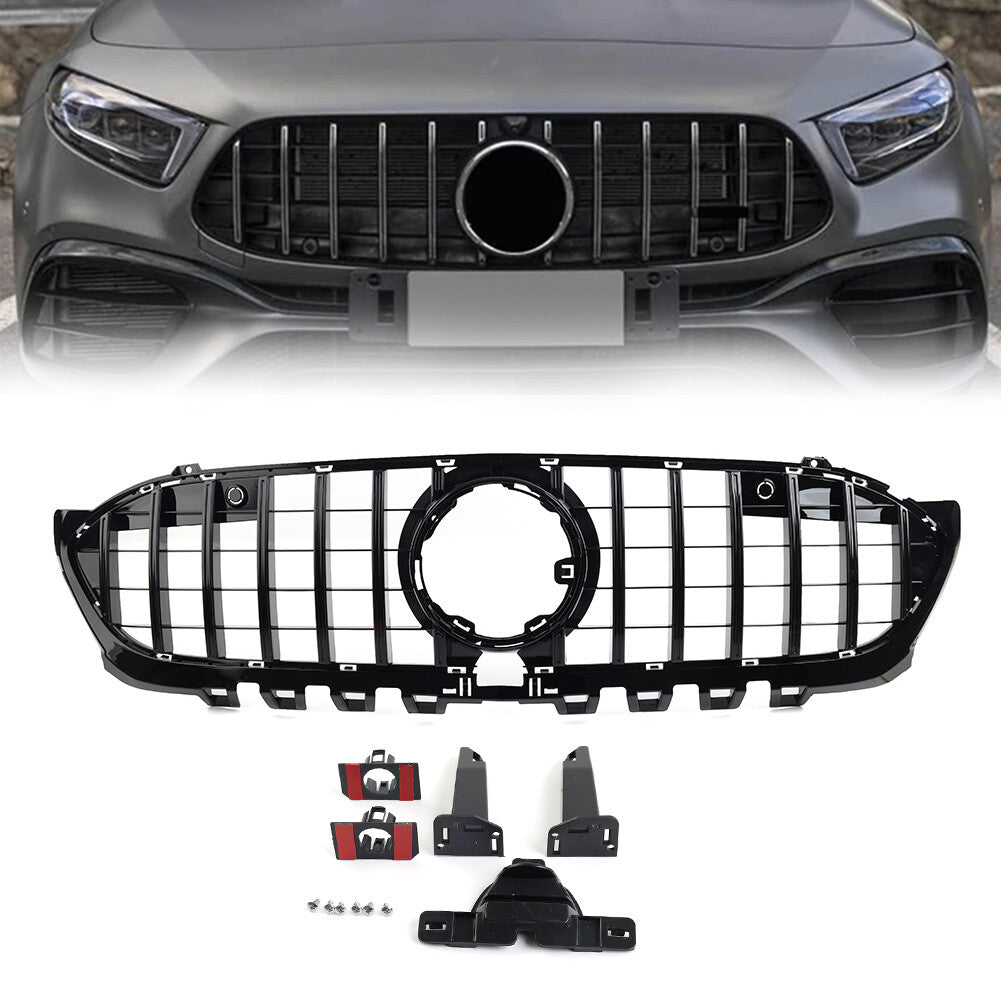 GTR Style Front Bumper Hood Radiator Grille Black for Mercedes A Class 2019-2023