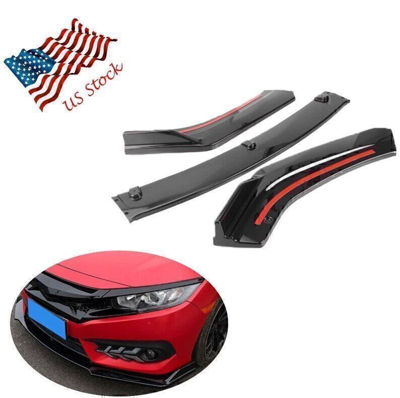 3X Front Bumper Cover Lip Spoiler Glossy Black for Honda for Civic 2016-2020 2019 18