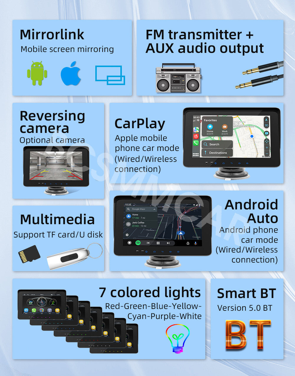 7in Portable Car Radio Stereo For Apple CarPlay Android Auto W/Backup Camera