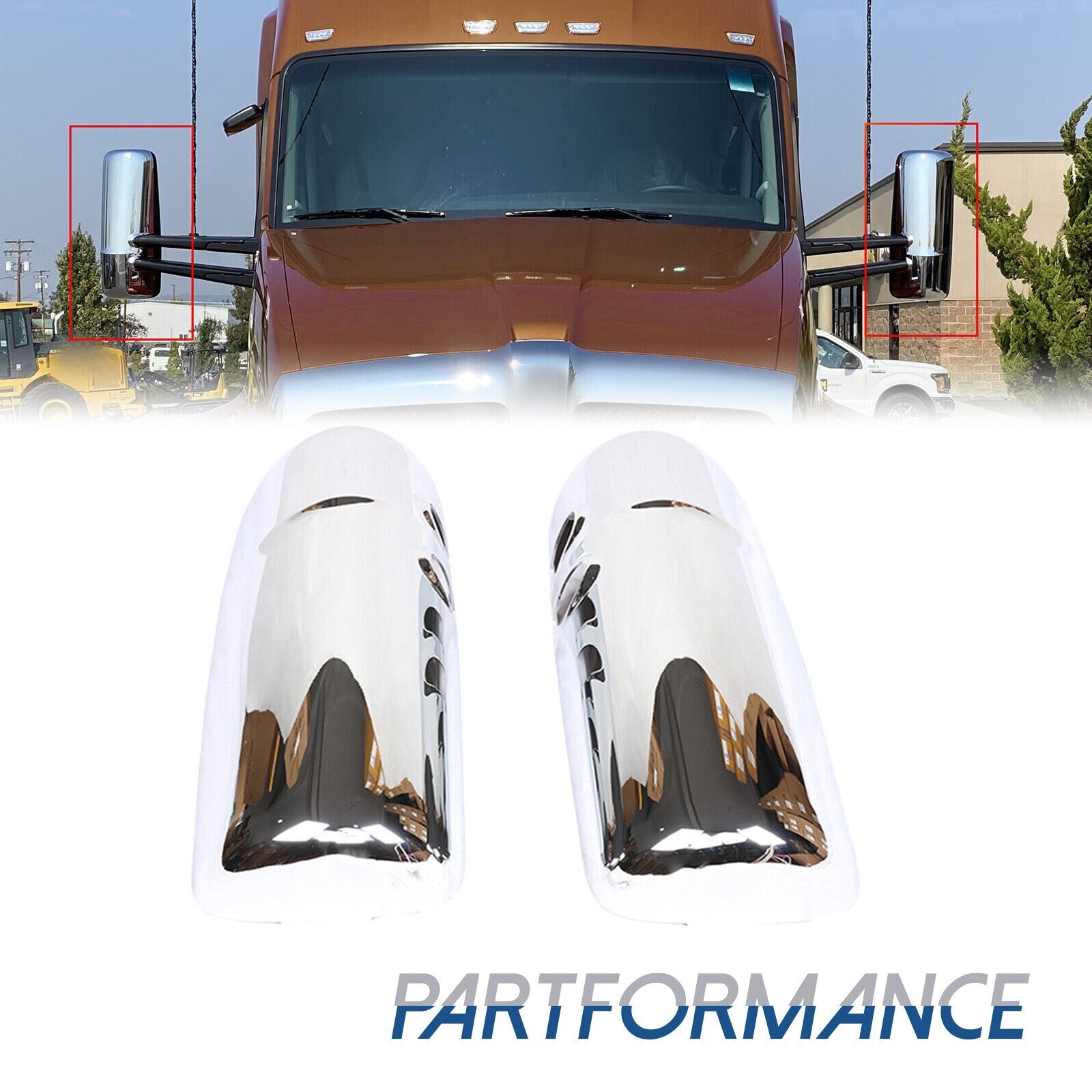 A pair of chrome-plated door mirror covers on the left and right sides are suitable for Kenworth T680 W990