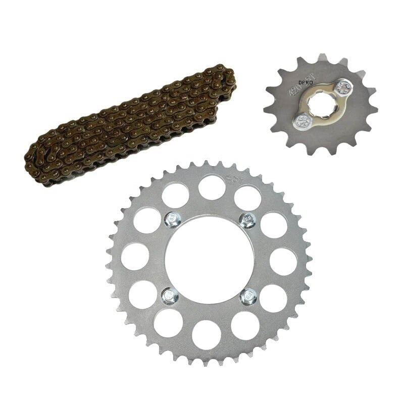 420 chain + front and rear sprockets suitable for 70cc, 110cc, 125cc, and 150cc Dirt Pit bicycles, all-terrain vehicles, and four-wheelers.