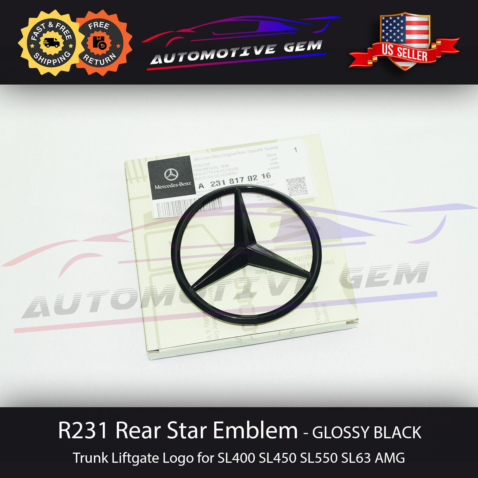 R231 SL63 AMG Trunk Star Badge, Glossy Black Rear Logo Badge, for Mercedes SL450 SL550