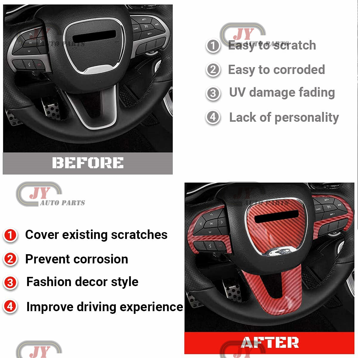 4x For 15-22 for Dodge Charger for Challenger Red Steering Wheel Cover Trim Accessories