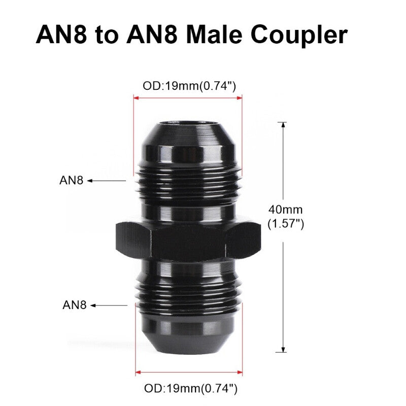 2Pcs 8AN to 8AN Male Flare Coupler Union Straight Fuel Hose Adapter Fitting Blk