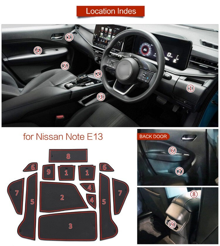 for Nissan Note E13 Anti-Slip Gate Slot Cup Mat Door Groove Pad Coasters RED