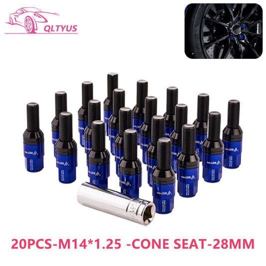 20-piece set of 28mm M14x1.25 wheel lug bolts and tapered for seat studs suitable for most aftermarket applications. Blue