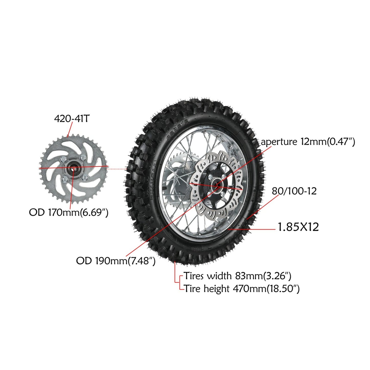 12-inch rear wheel, 80/100-12, 3.00-12 tire and rim, suitable for pit bikes and off-road bikes, 90/110/125/140cc.