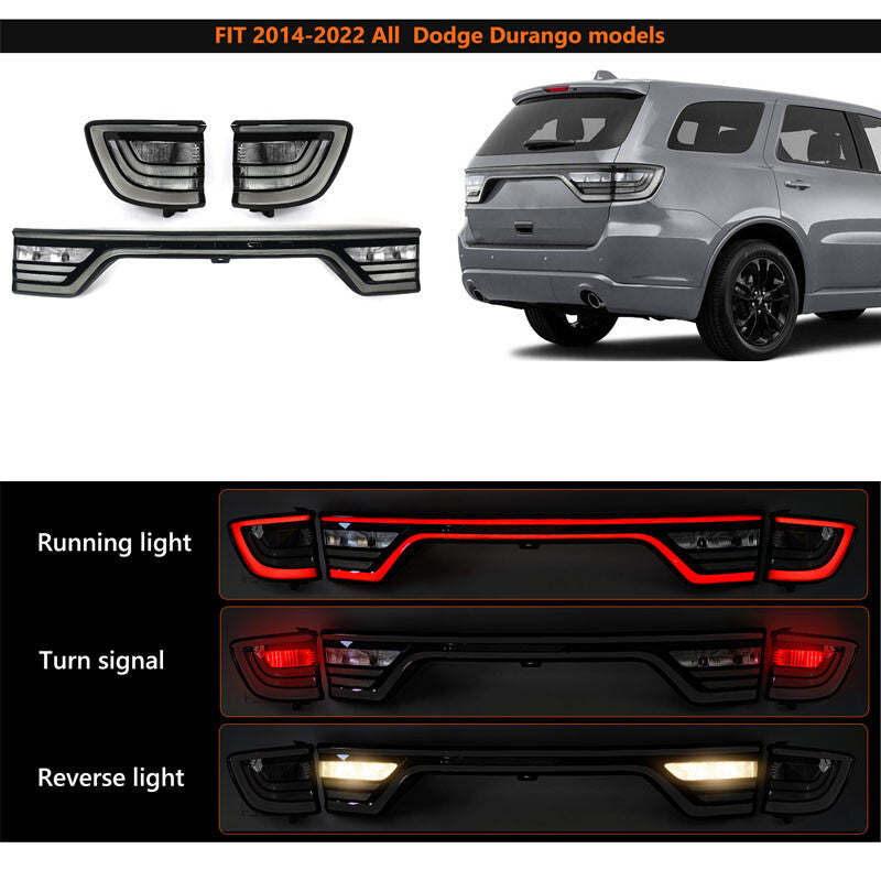 3Pcs Tail Lights For 2014-2022 for Dodge Durango Liftgate Center Camera Hole Smoked