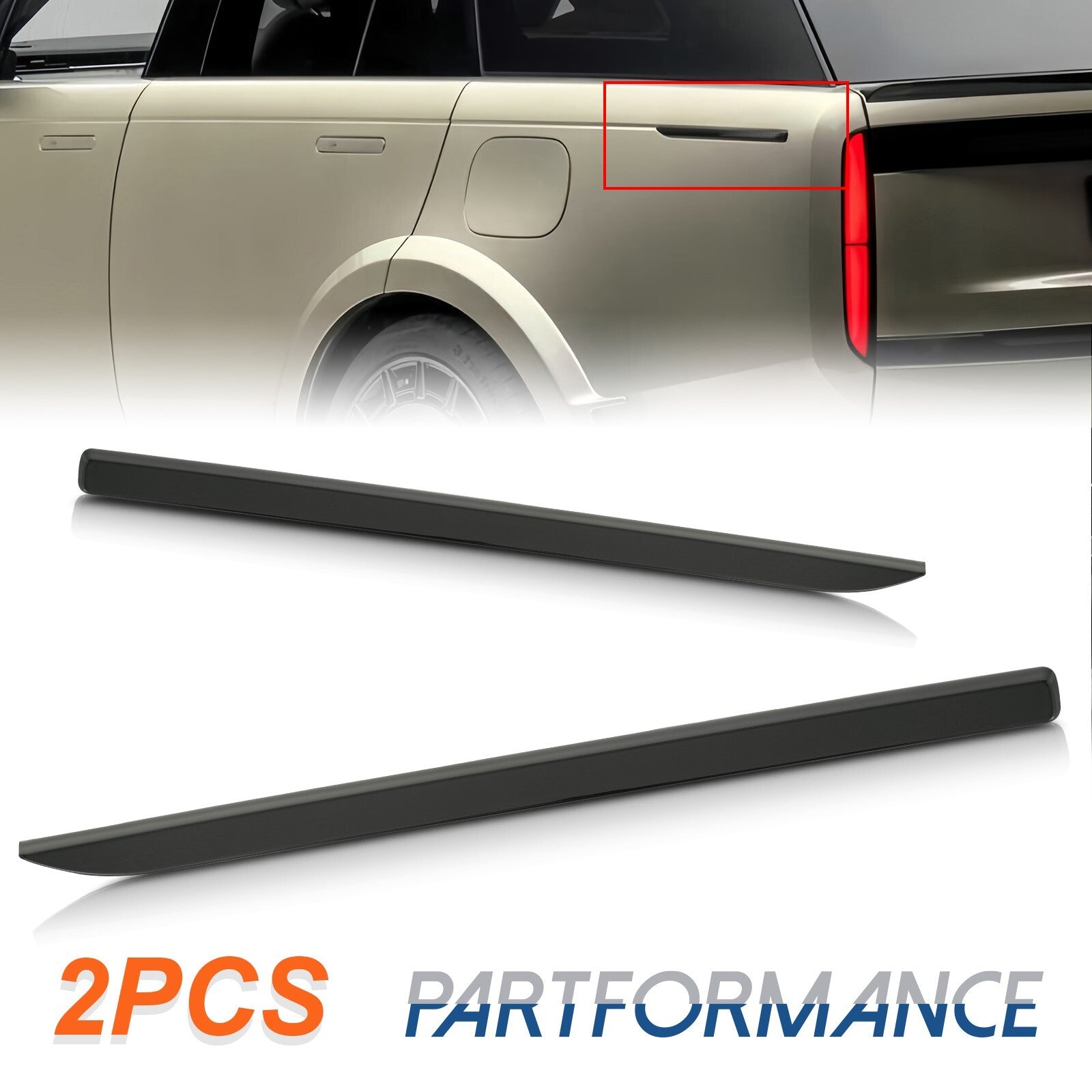 A pair of gloss piano black rear fender trim covers suitable for the 2023 for Range Rover .
