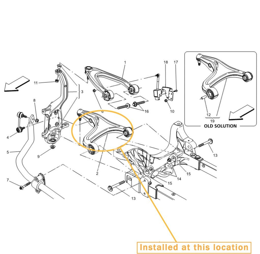 for Maserati Quattroporte M156, front right lower control arm. equipment manufacturer: 670006934