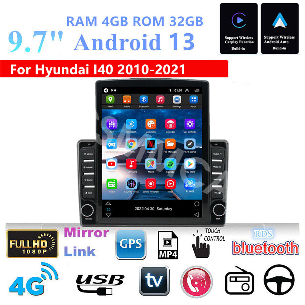 For CarPlay 9.7in Car Stereo Radio Touch Screen Fit for Hyundai I40 2010-2021