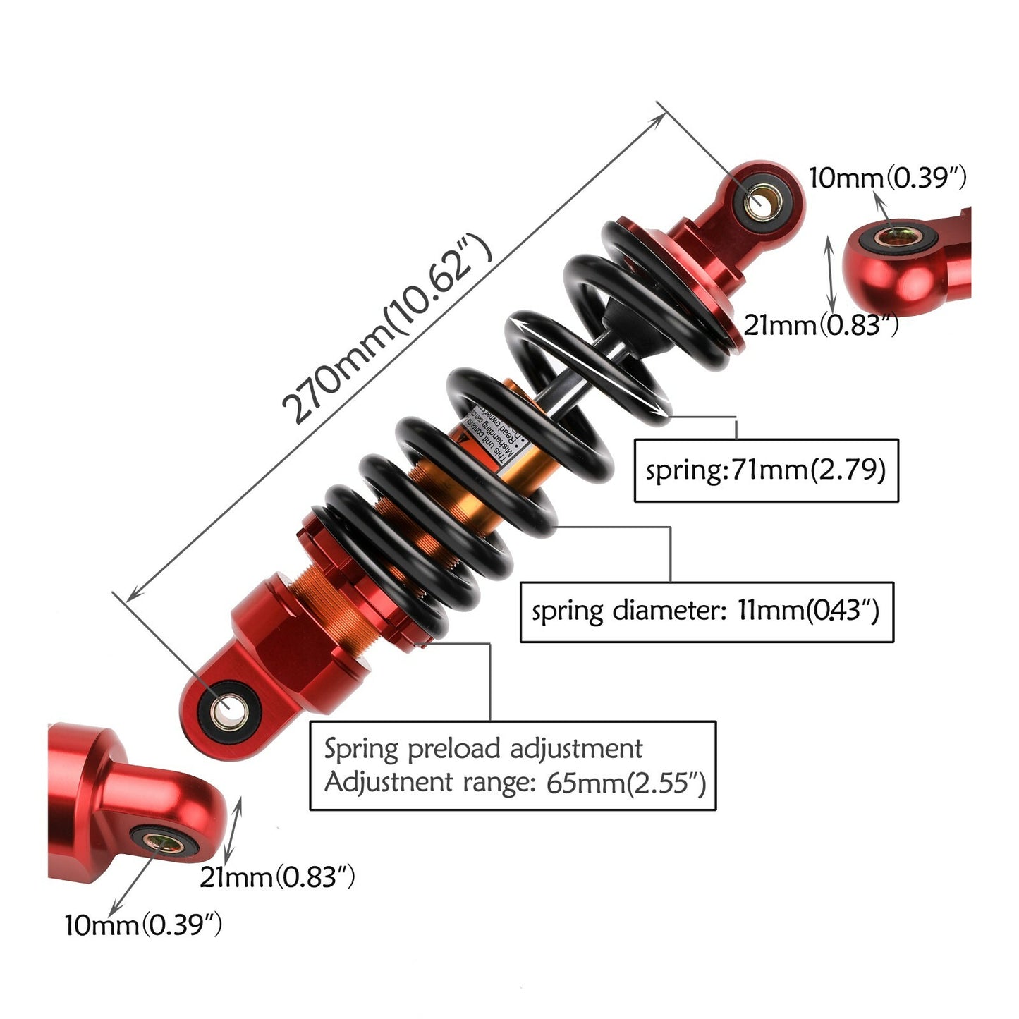 270mm 800lb rear shock absorber suitable for mixed-use off-road vehicles, all-terrain vehicles, go-karts