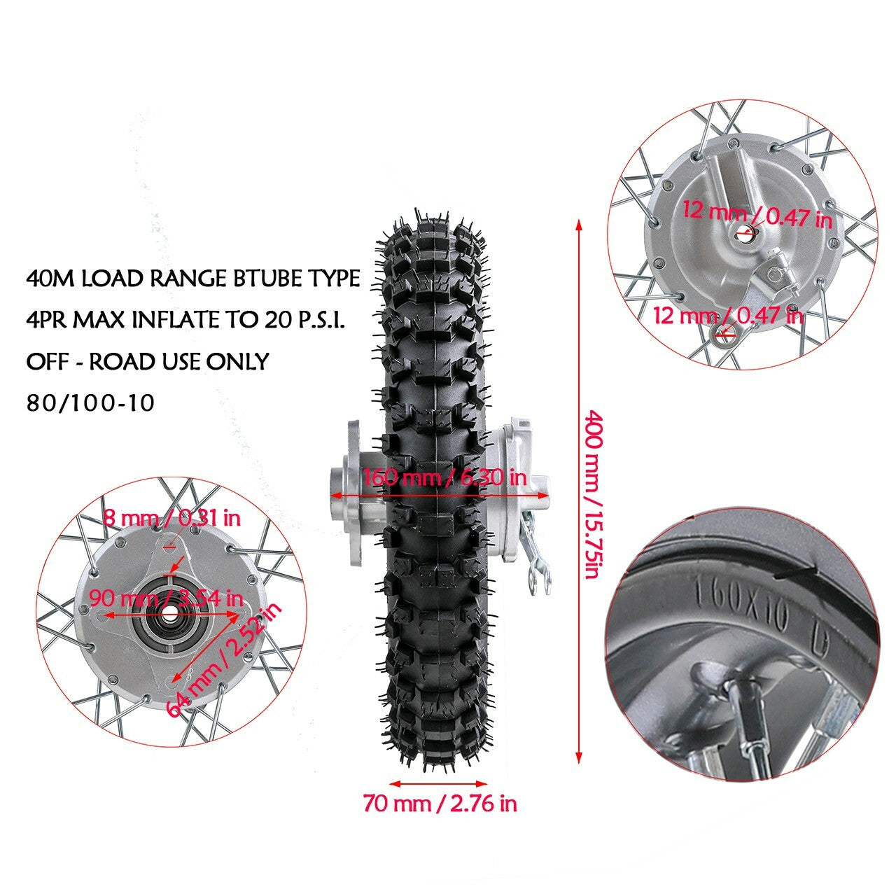 12-inch front and rear wheels, 80/100-10 tires, 60/100-12 rims, sprockets, 110cc off-road bicycle.