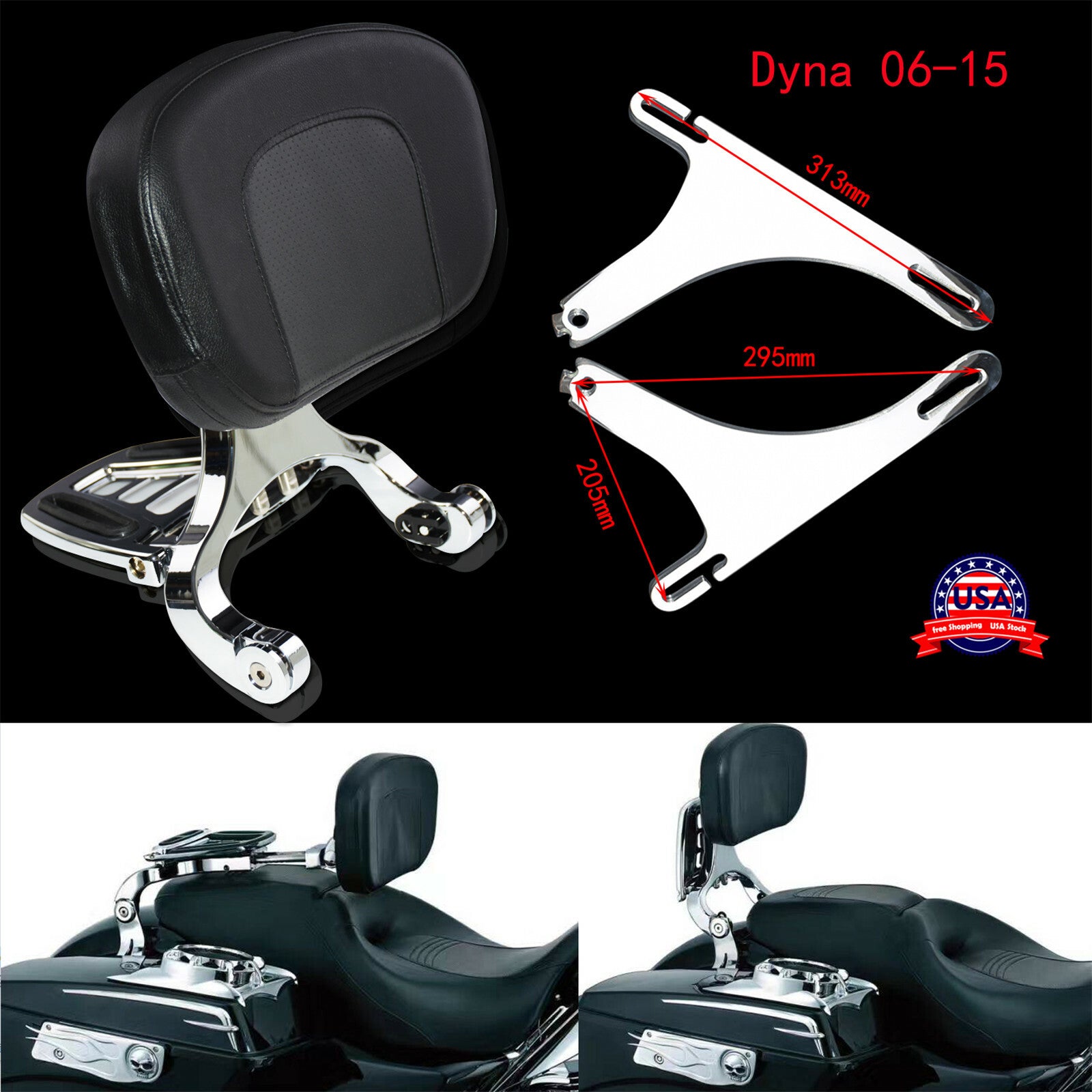 Adjustable Multi-Purpose Driver  Passenger Backrest Fit for Harley Dyna 06-17