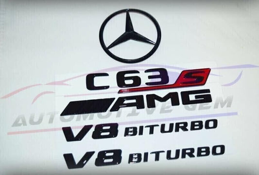 C63S SEDAN AMG V8 BITURBO Star Badge Glossy Black Badge Combo Set for Mercedes-Benz